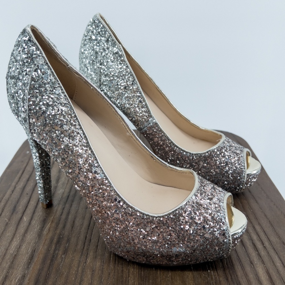 Marc Fisher Ombre Glitter Peep Toe Platform Pumps Silver Rose Gold Heels Size 6M